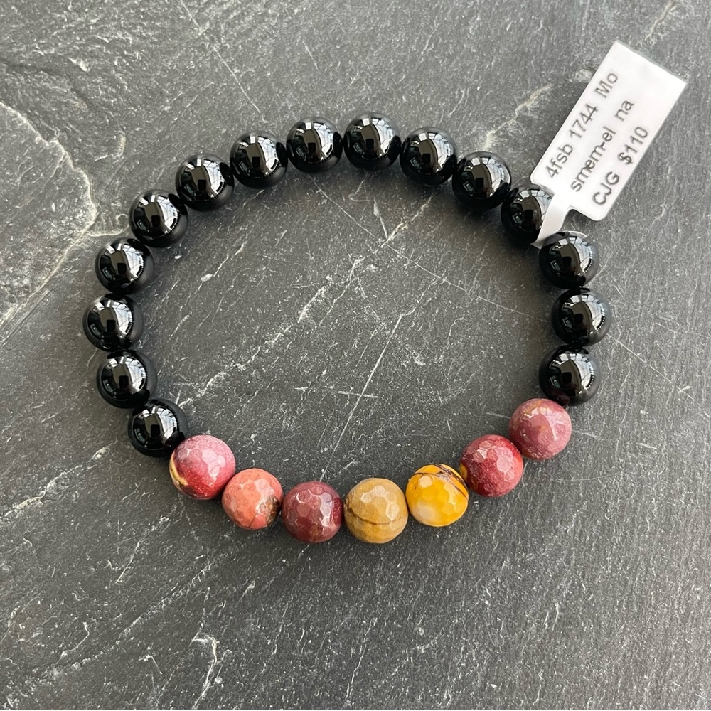 Elegant Black Onyx and Multicolor Faceted Mookite Beaded Bracelet 6.5-7”